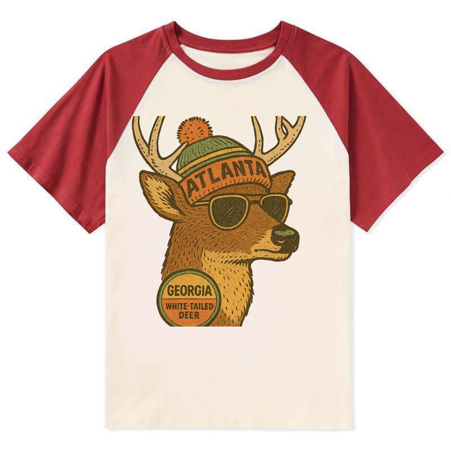 Georgia White-tailed Deer wearing Atlanta beanie with pom pom and - Contrast Raglan T-shirt - Red