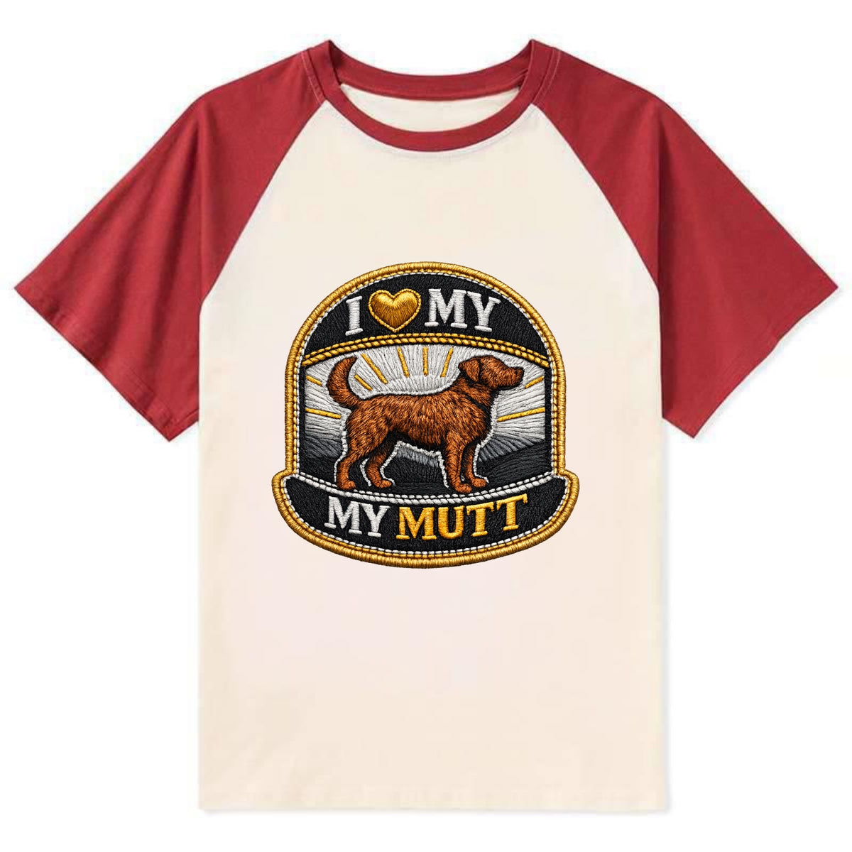 I LOVE MY MUTT - mixed breed silhouette in brown , rescue pride - Contrast Raglan T-shirt - Red