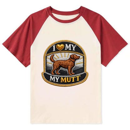 I LOVE MY MUTT - mixed breed silhouette in brown , rescue pride - Contrast Raglan T-shirt - Red