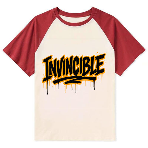 Bold typography design - INVINCIBLE - cannot be defeated, unconquerable - Contrast Raglan T-shirt