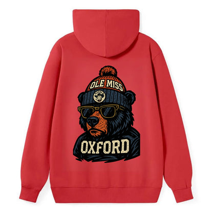 Oxford Black Bear wearing Ole Miss beanie with rebel patch - Classic Pullover Hoodie - Red