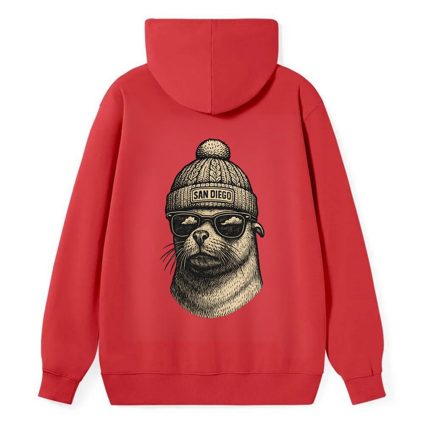 San Diego Sea Lion wearing San Diego beanie with pom pom and wayfarer - Classic Pullover Hoodie - Red