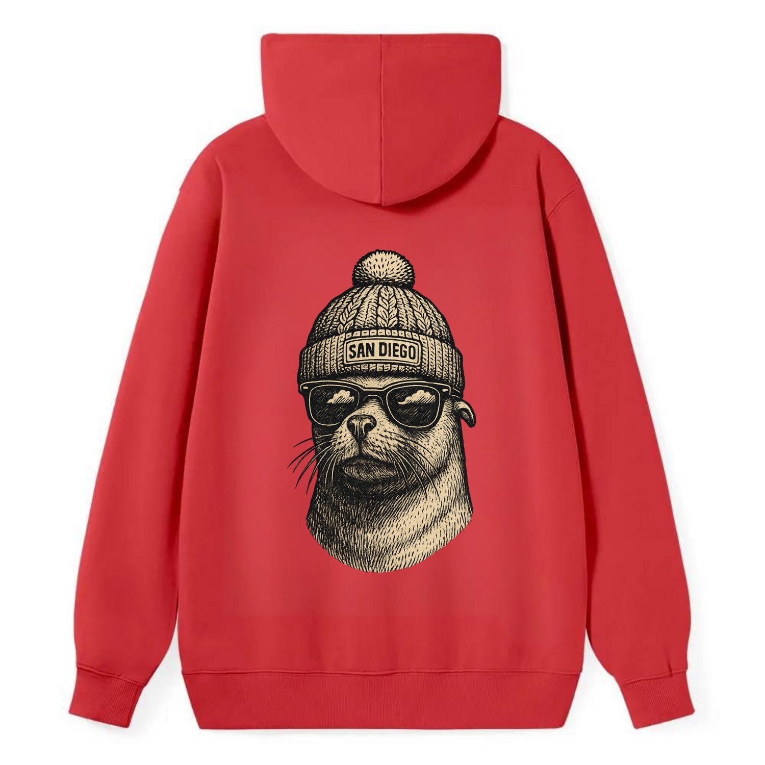 San Diego Sea Lion wearing San Diego beanie with pom pom and wayfarer - Classic Pullover Hoodie - Red
