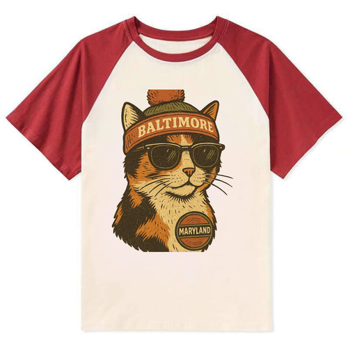 Maryland Calico Cat wearing Baltimore beanie with pom pom and wayfarer - Contrast Raglan T-shirt