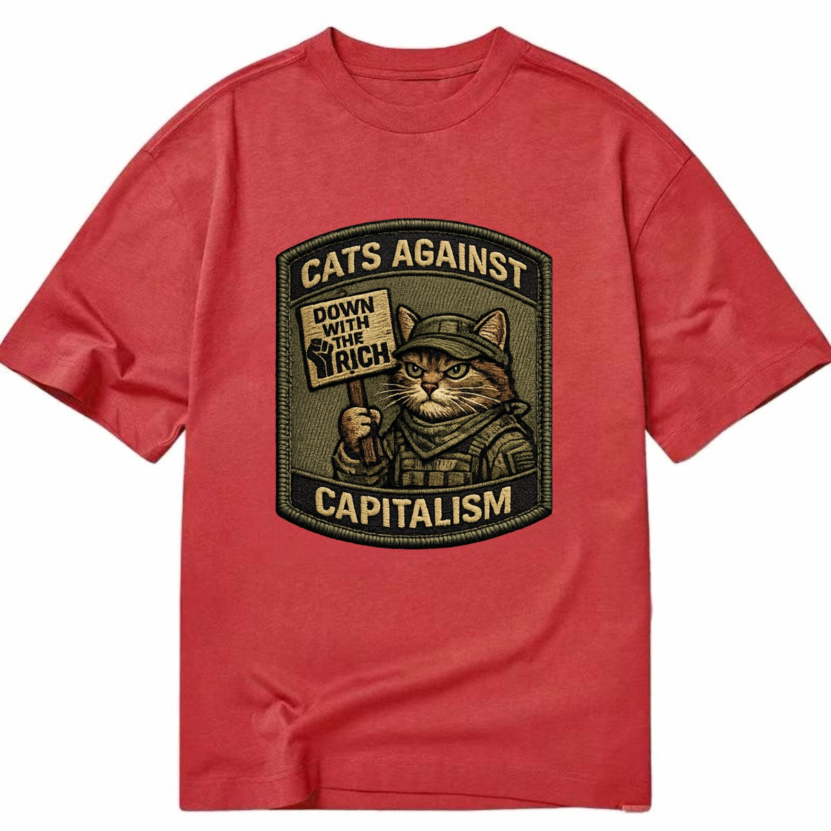 CATS AGAINST CAPITALISM - cat with protest sign in red , political cat - Classic T-shirt - Red