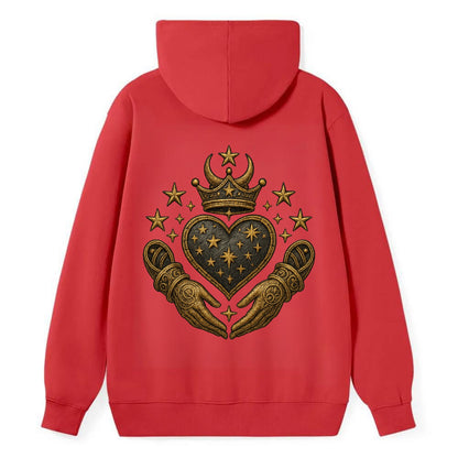 Weathered antique brass crown above a hammered gunmetal heart framed by - Classic Pullover Hoodie - Red