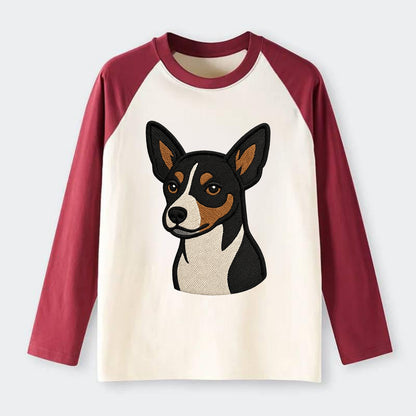 Rat Terrier - Tri-color embroidered pose - Raglan Long Sleeve T-Shirt - Red