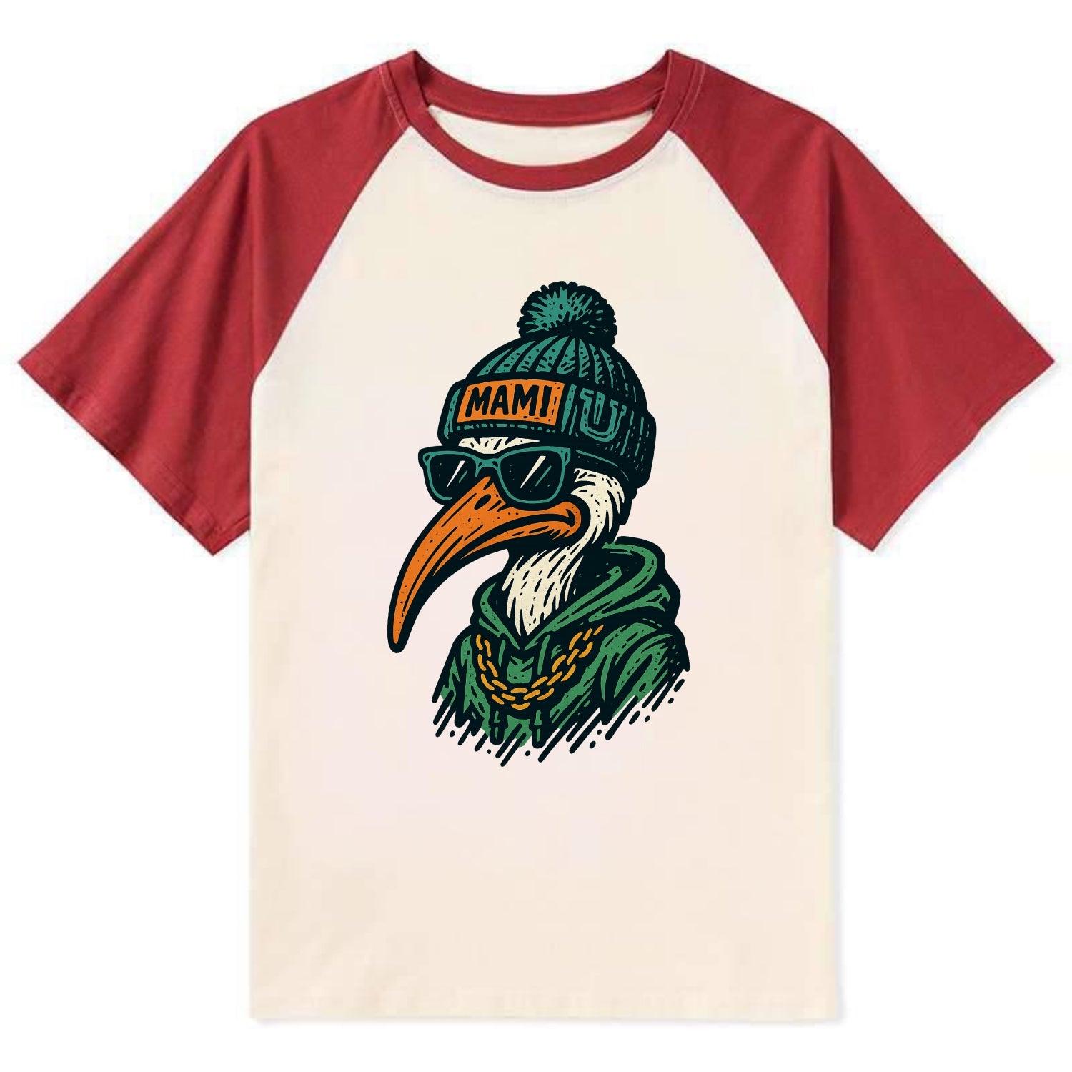 Coral Gables Ibis wearing Miami beanie with U patch - Contrast Raglan T-shirt - Red