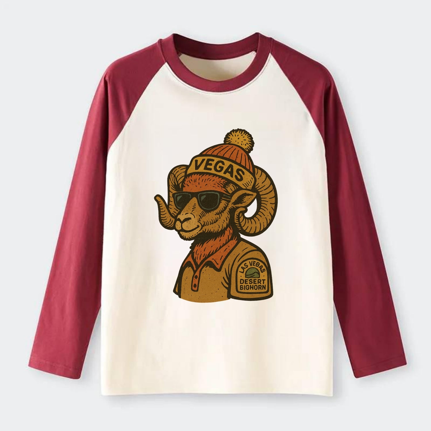 Las Vegas Desert Bighorn wearing Vegas beanie with pom pom and - Raglan Long Sleeve T-Shirt - Red