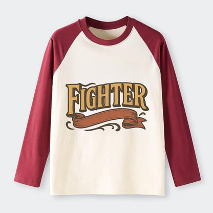 Bold typography design - "FIGHTER" - never giving up, battling on - Raglan Long Sleeve T-Shirt - Red
