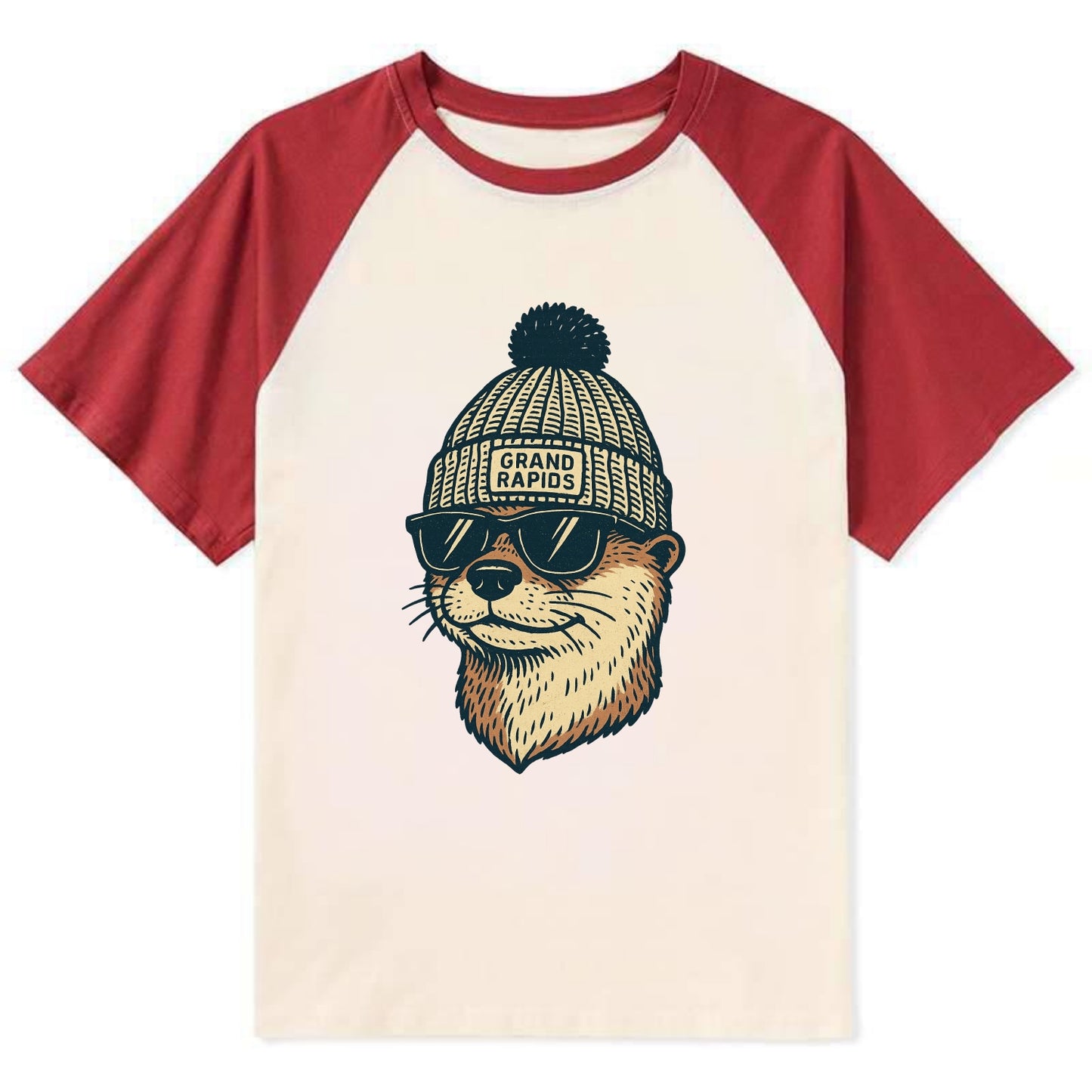 Grand Rapids River Otter wearing Grand Rapids beanie with pom pom and - Contrast Raglan T-shirt - Red