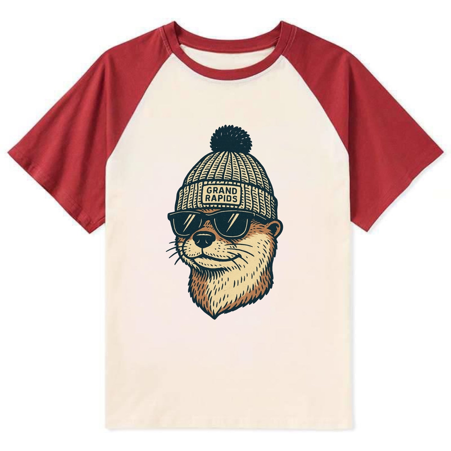 Grand Rapids River Otter wearing Grand Rapids beanie with pom pom and - Contrast Raglan T-shirt - Red