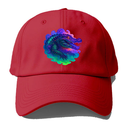 Primordial crocodile with scales pulsing plasma energy in green and purple, ancient - Baseball Cap - Red