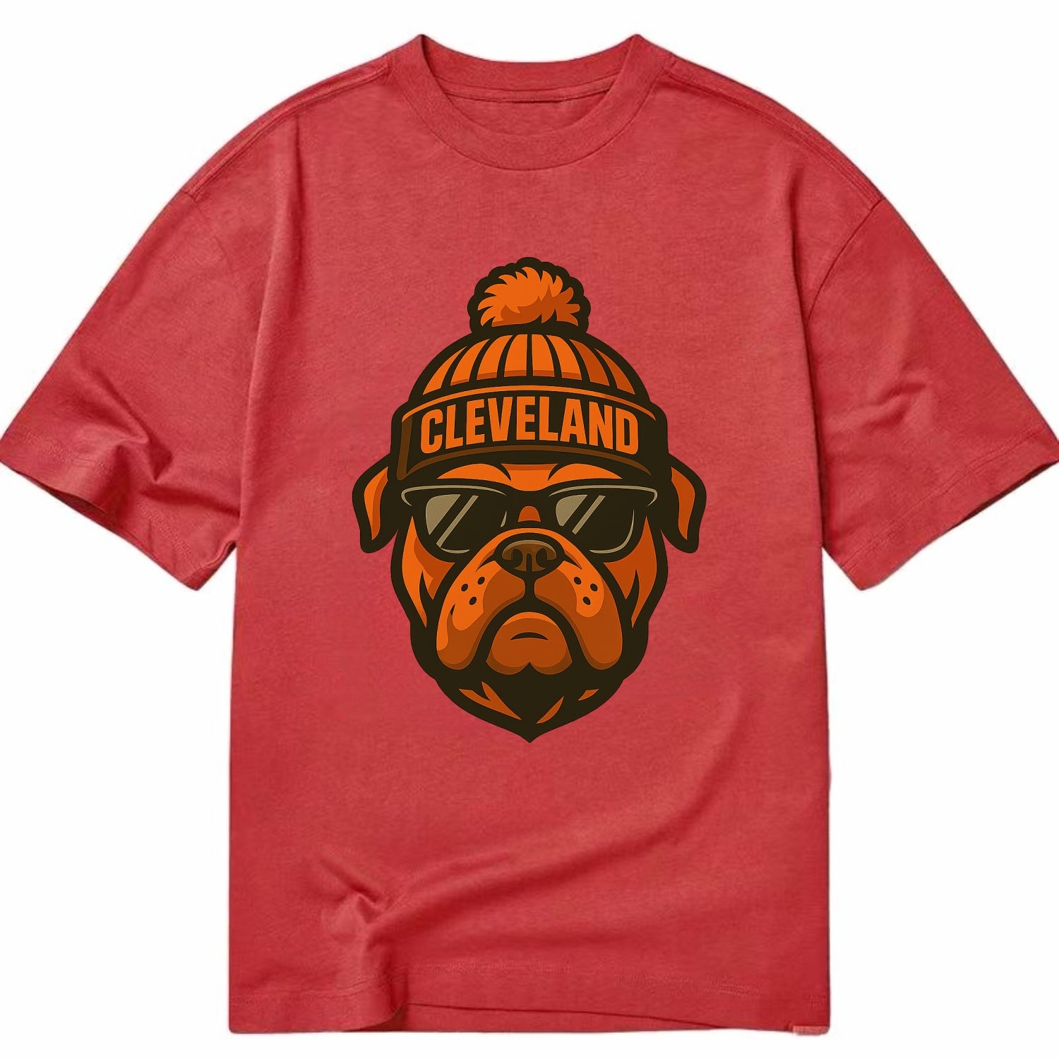 Cleveland Bulldog wearing Browns orange and brown beanie with pom pom and - Classic T-shirt - Red