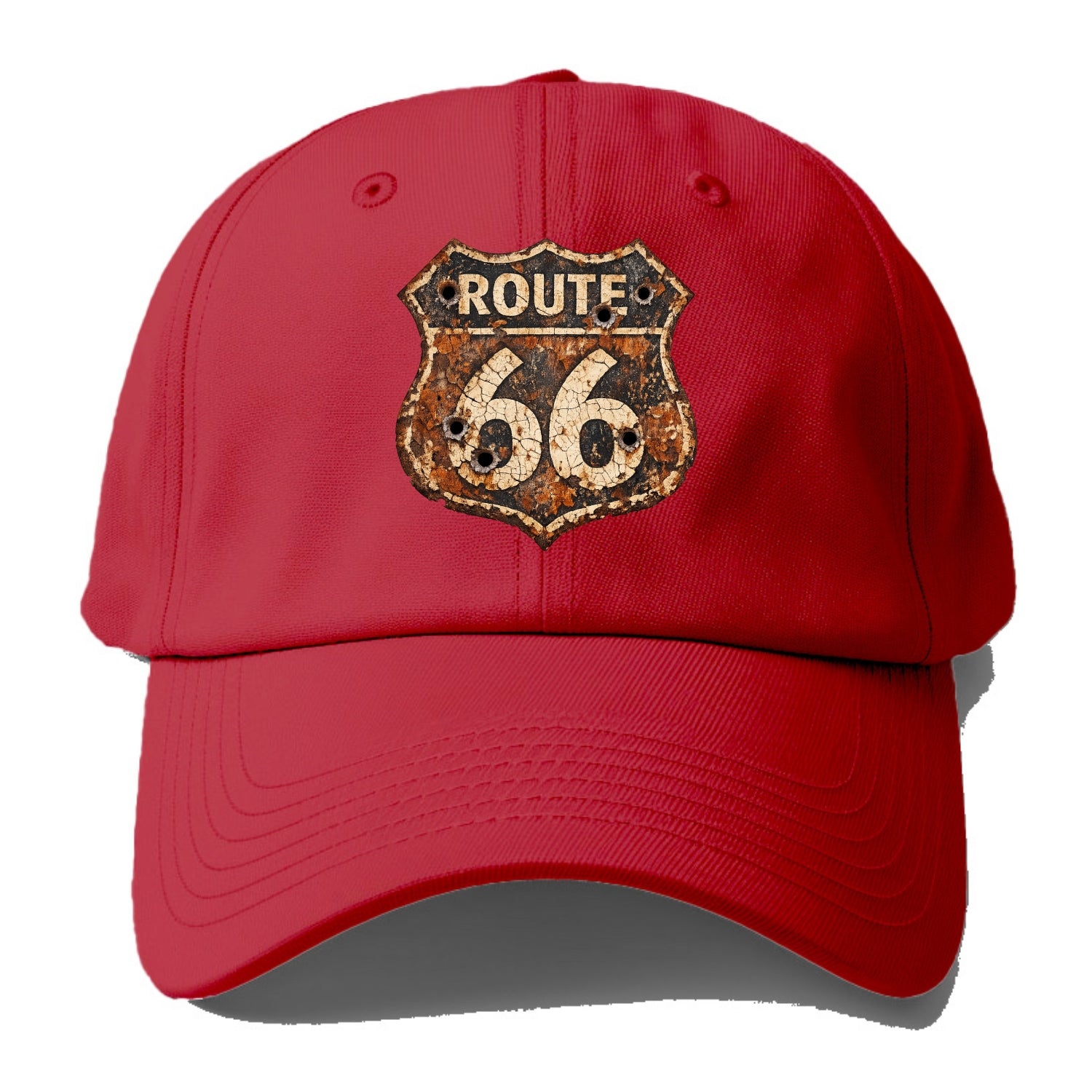 WEATHERED MARKER | Rust-aged Route 66 sign | Desert sun-bleached | Bullet holes - Baseball Cap - Red
