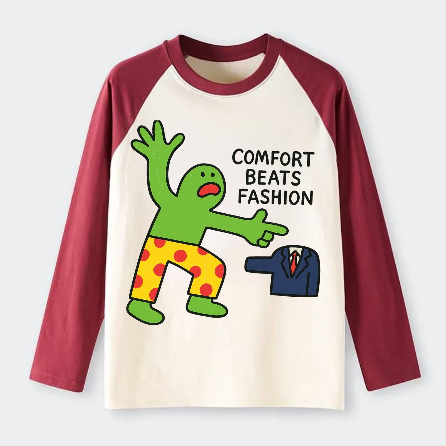 COMFORT BEATS FASHION | Pajamas defeatin - Raglan Long Sleeve T-Shirt - Red
