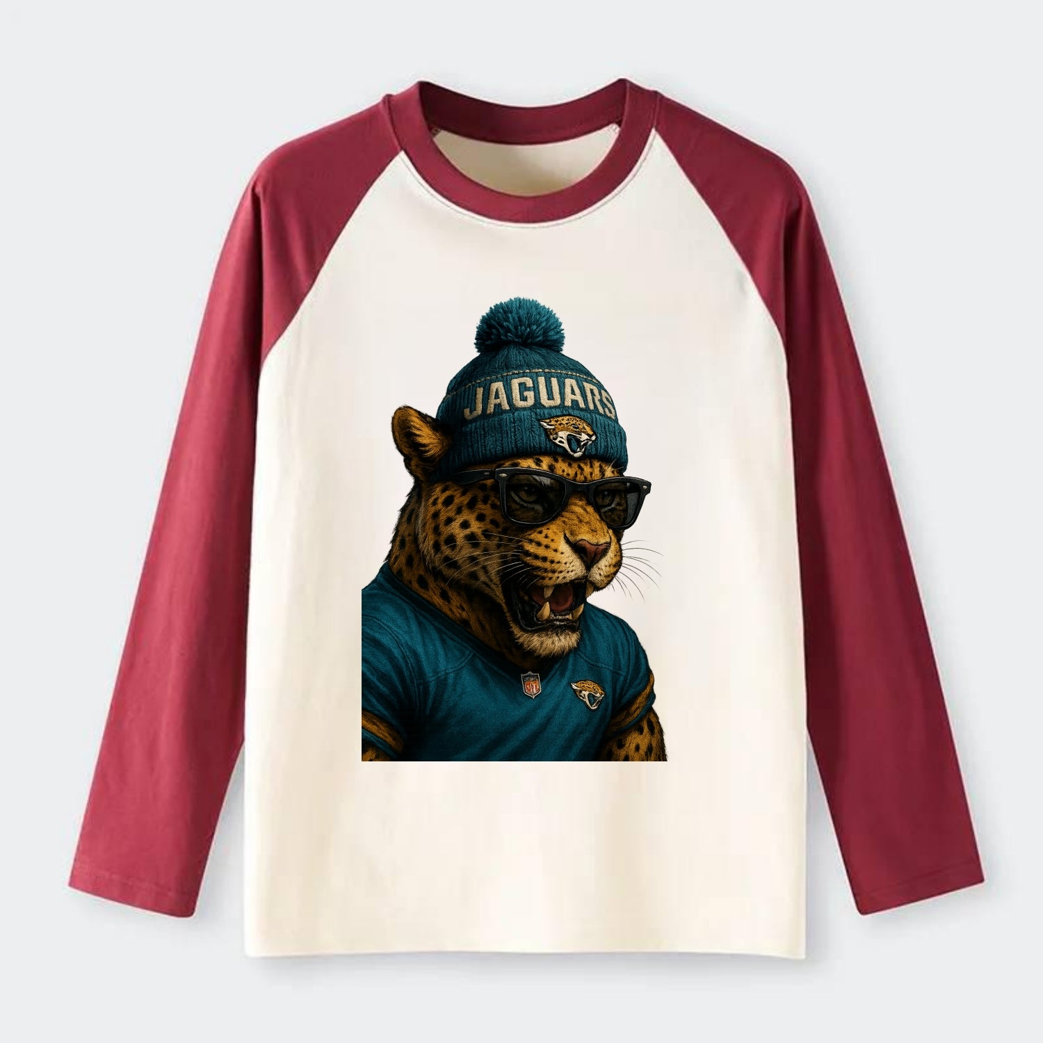 Jacksonville Jaguar wearing Jaguars teal and gold beanie with pom pom - Raglan Long Sleeve T-Shirt - Red