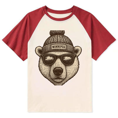 Winnipeg Polar Bear wearing Winnipeg beanie with pom pom and wayfarer - Contrast Raglan T-shirt - Red
