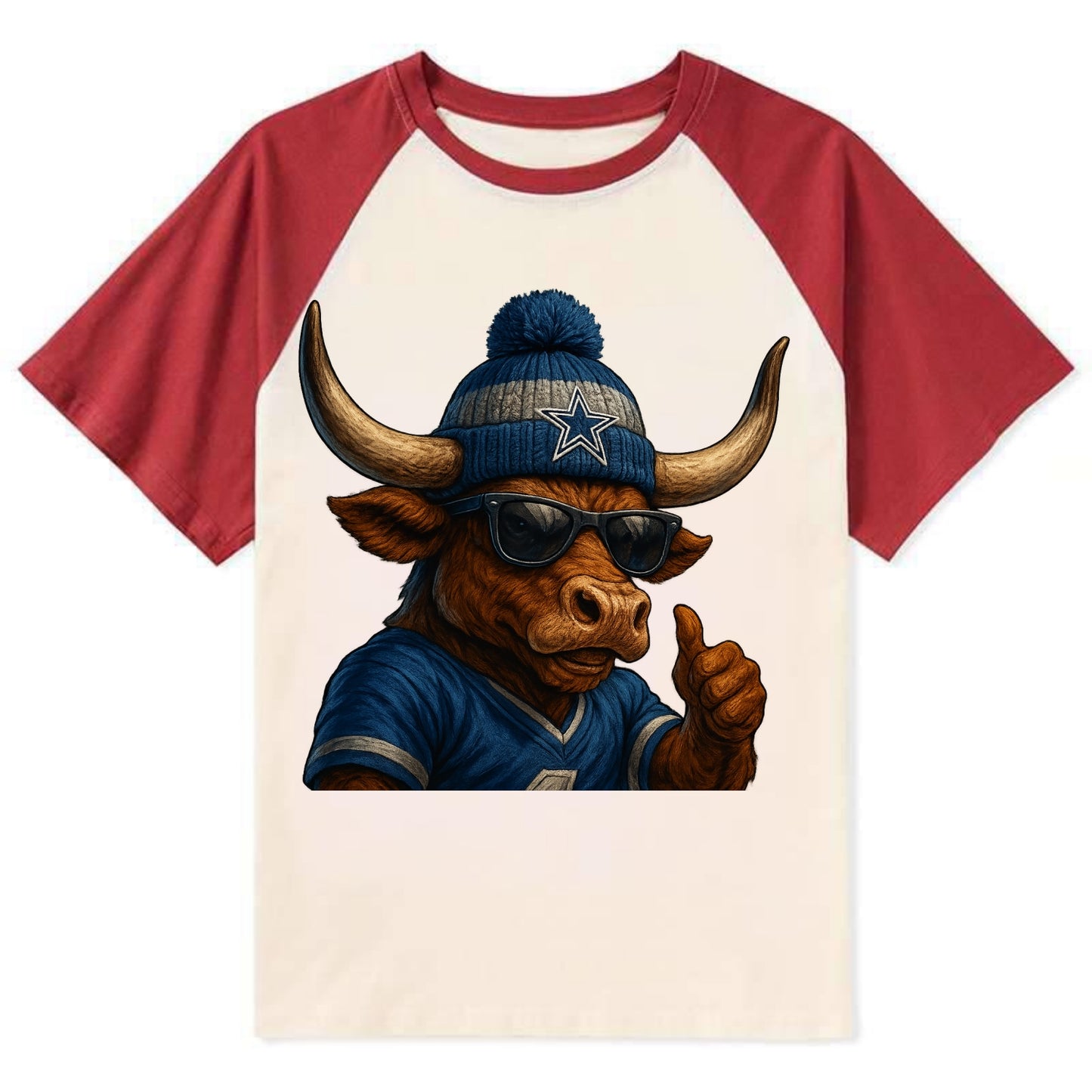 Texas Longhorn wearing Cowboys silver and blue beanie with star and - Contrast Raglan T-shirt - Red