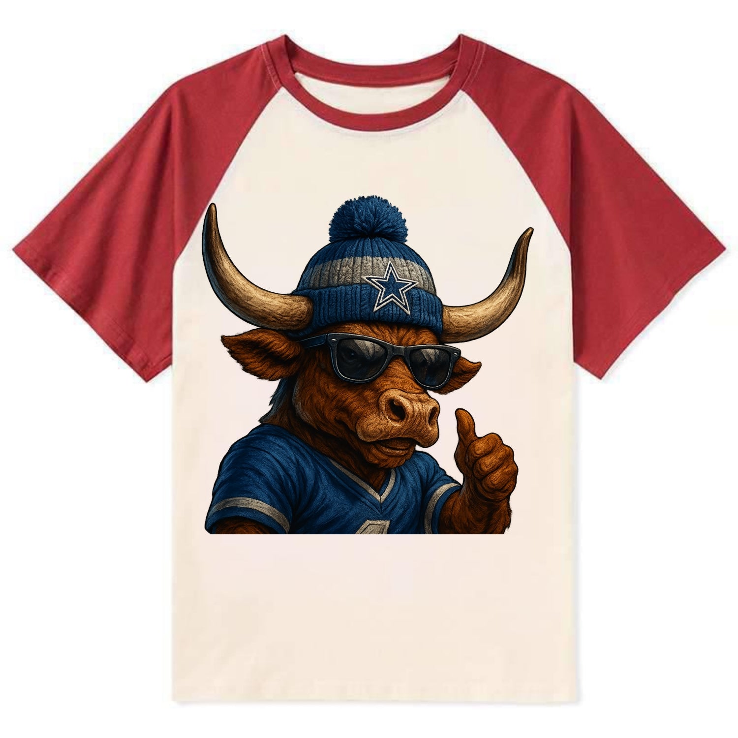 Texas Longhorn wearing Cowboys silver and blue beanie with star and - Contrast Raglan T-shirt - Red