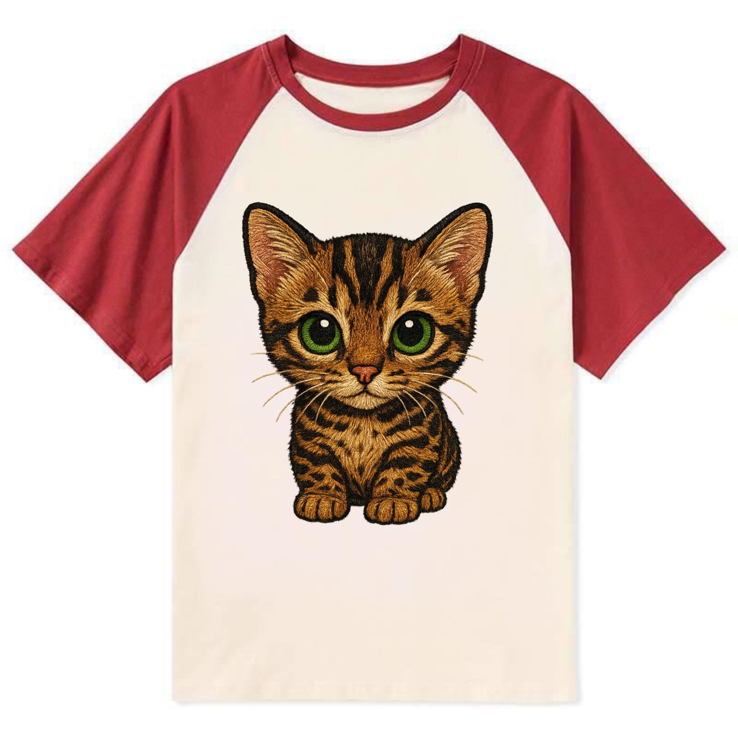 Baby Bengal Kitten - spotted/marbled wild coat, green eyes, athletic - Contrast Raglan T-shirt - Red