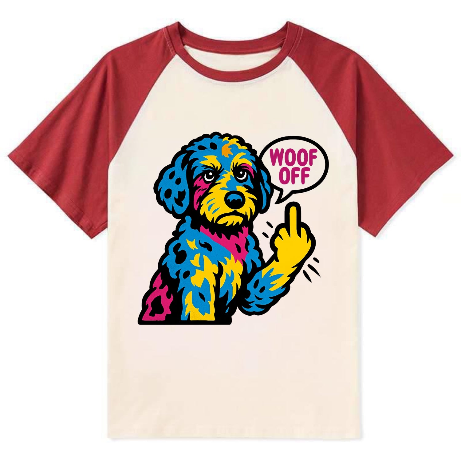Aussiedoodle with merle patches and curly coat, playful smart paw raised - Contrast Raglan T-shirt - Red