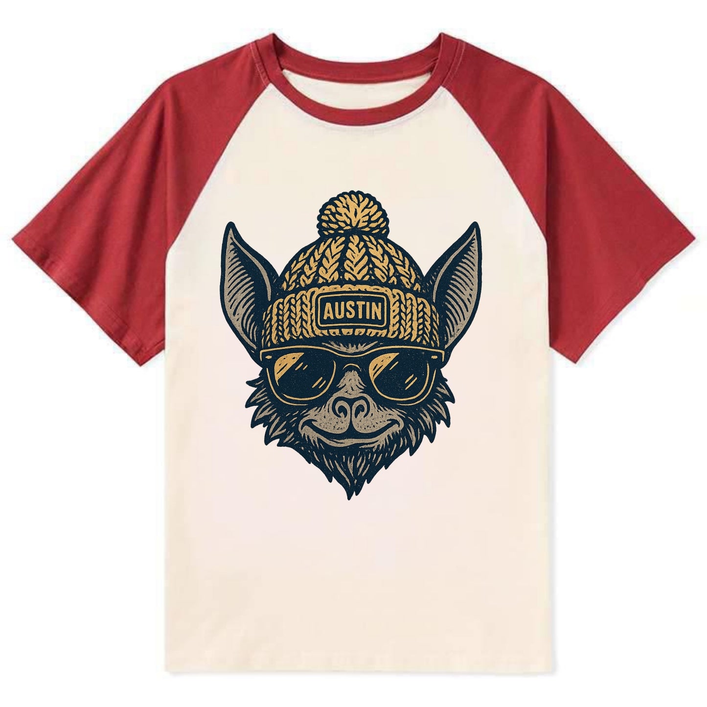 Austin Bat wearing Austin beanie with pom pom and wayfarer sunglasses - Contrast Raglan T-shirt - Red