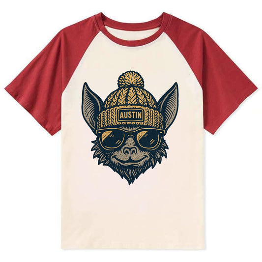 Austin Bat wearing Austin beanie with pom pom and wayfarer sunglasses - Contrast Raglan T-shirt - Red