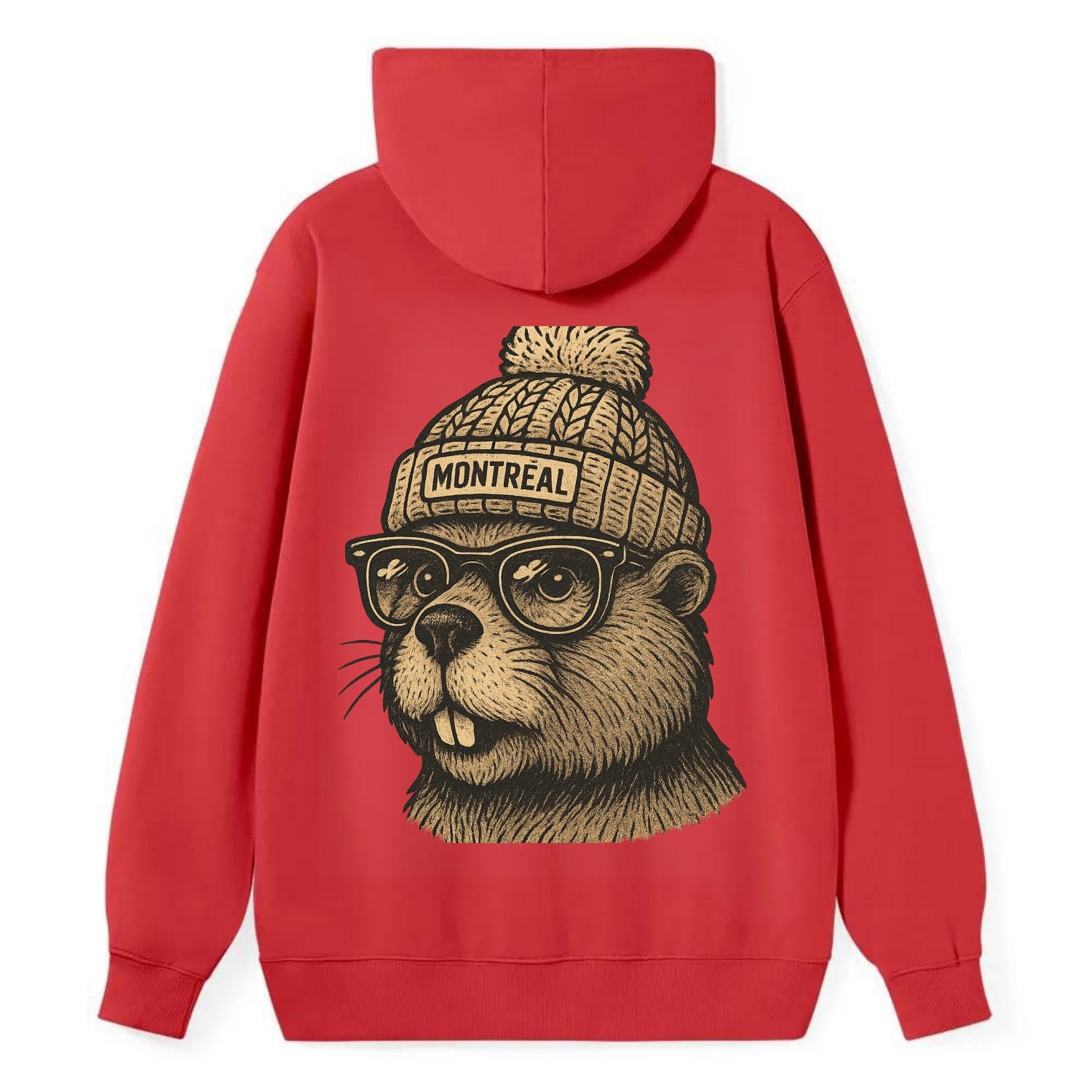 Montreal Beaver wearing Montreal beanie with pom pom and wayfarer - Classic Pullover Hoodie - Red