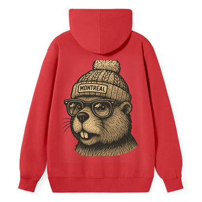 Montreal Beaver wearing Montreal beanie with pom pom and wayfarer - Classic Pullover Hoodie - Red