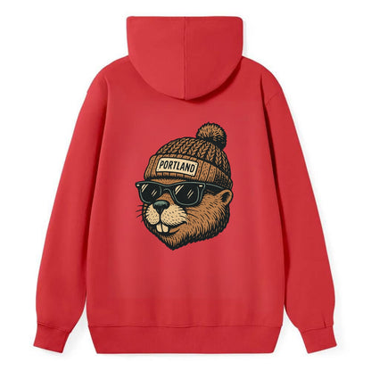 Portland Beaver wearing Portland beanie with pom pom and wayfarer - Classic Pullover Hoodie - Red