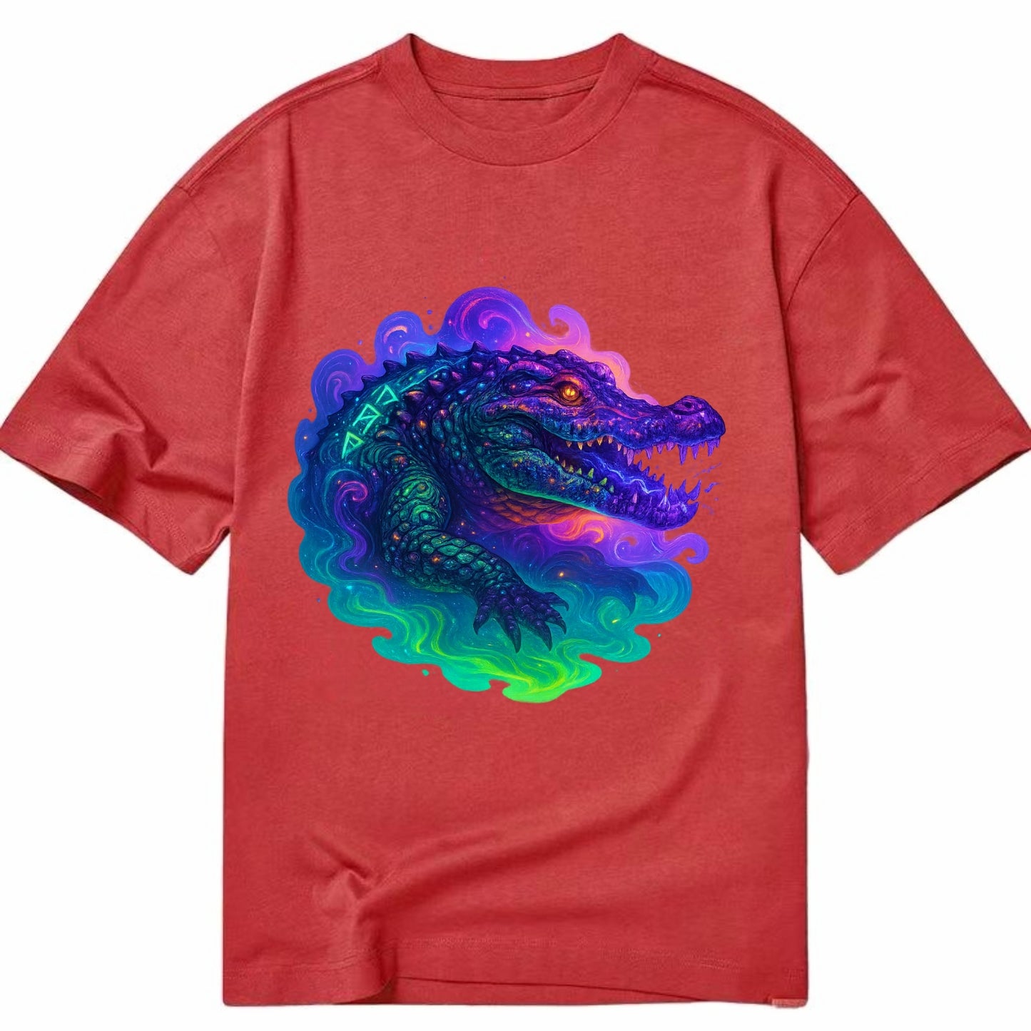 Primordial crocodile with scales pulsing plasma energy in green and purple, - Classic T-shirt - Red