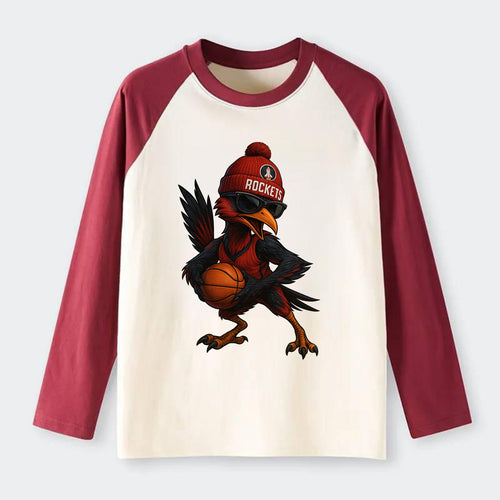 Houston Roadrunner wearing Rockets beanie with launch pad patch and - Raglan Long Sleeve T-Shirt