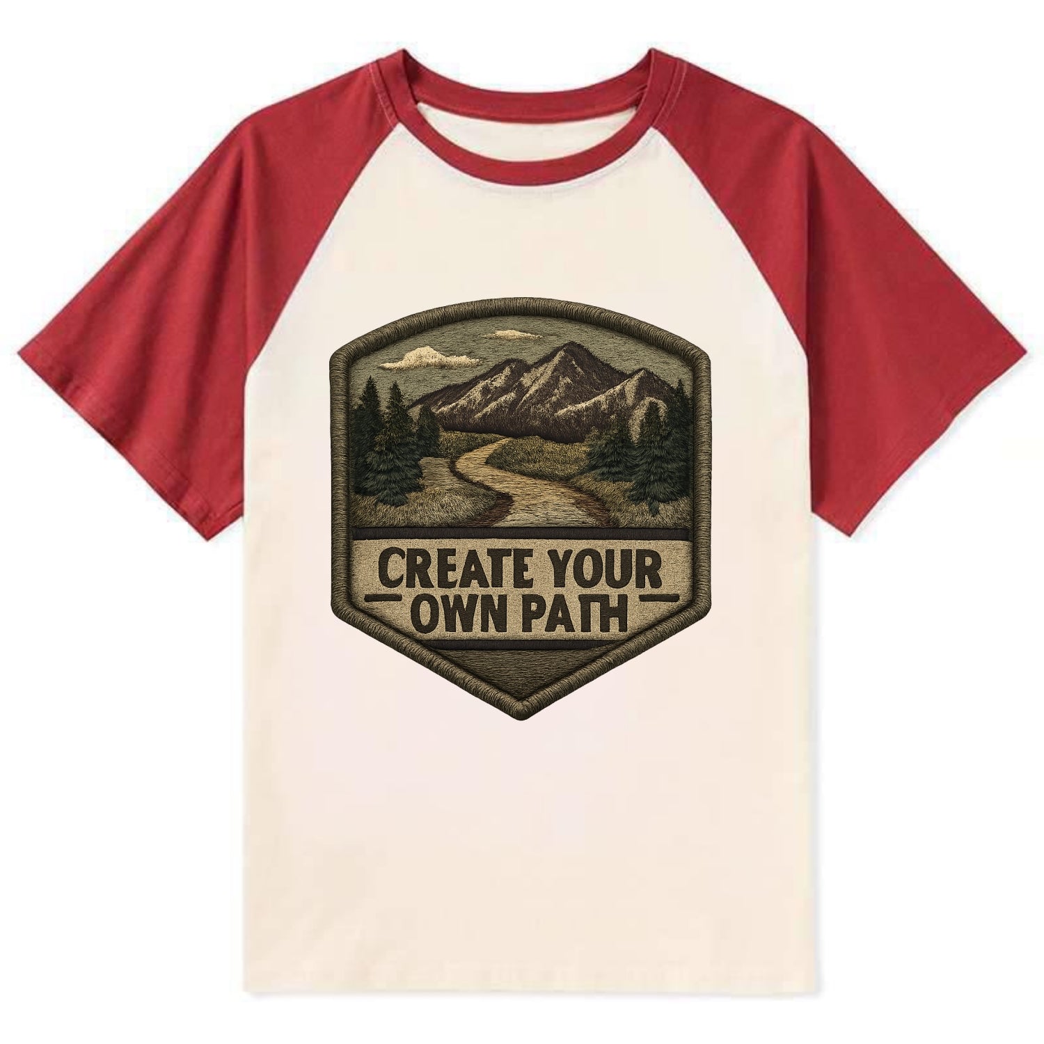 CREATE YOUR OWN PATH - trail with text in brown , independence - Contrast Raglan T-shirt - Red
