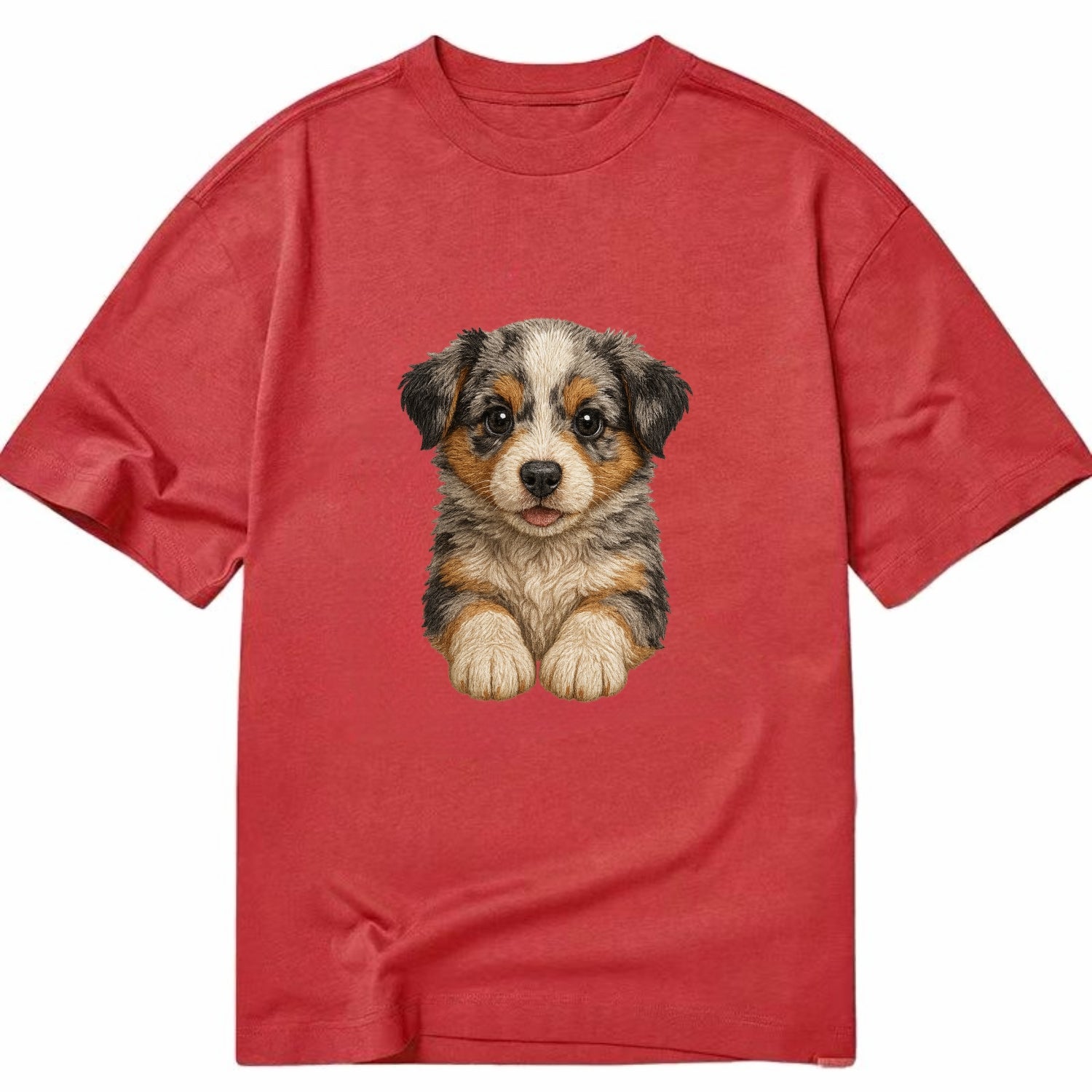 Baby Australian Shepherd Puppy - merle coat, bright eyes, fluffy, front-facing, - Classic T-shirt - Red