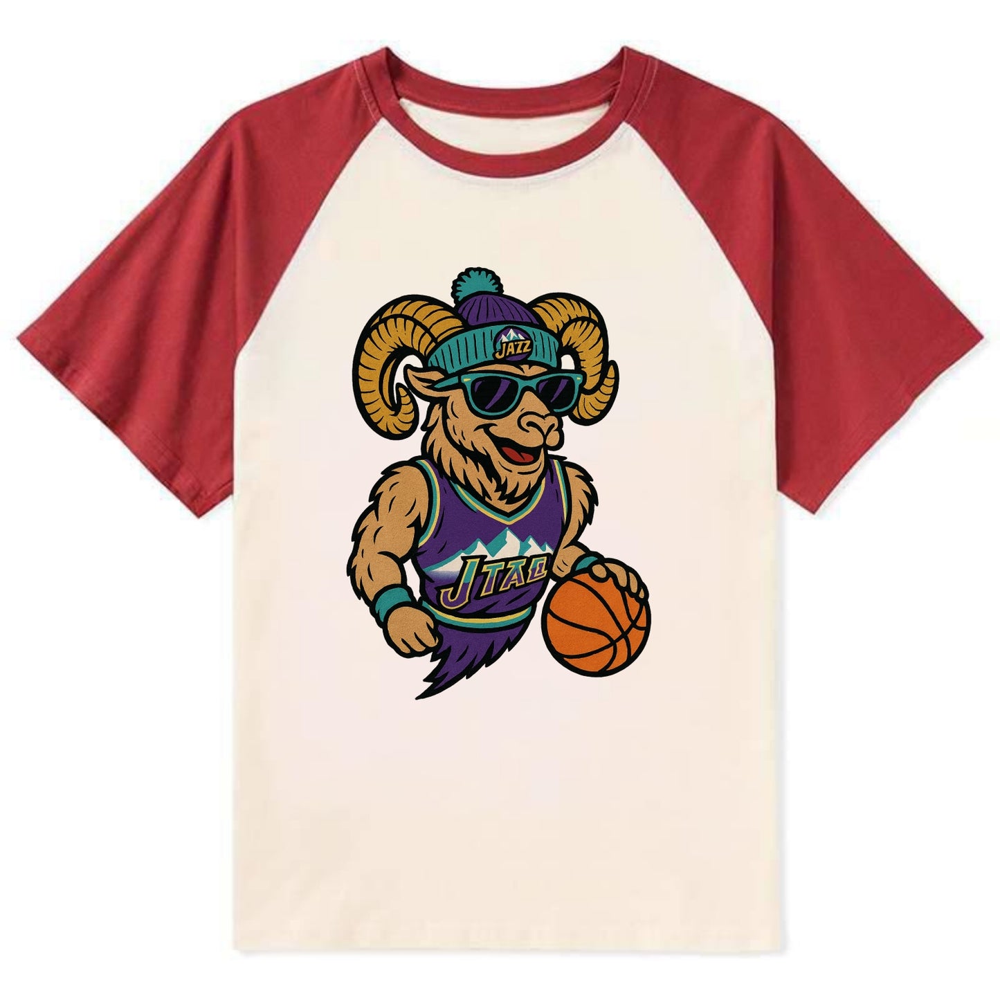 Utah Bighorn wearing Jazz beanie with mountain melody patch and wayfarer - Contrast Raglan T-shirt - Red