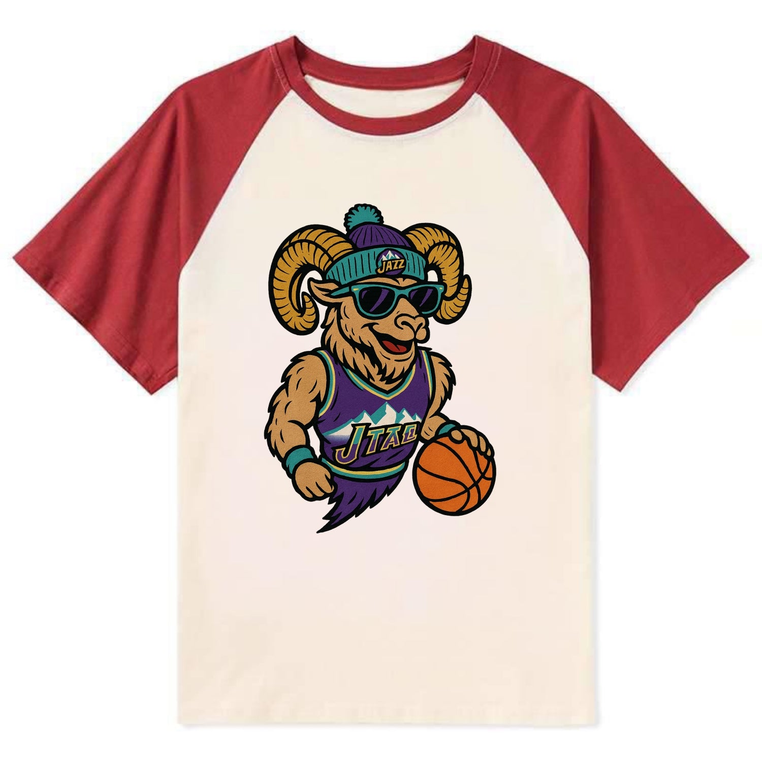 Utah Bighorn wearing Jazz beanie with mountain melody patch and wayfarer - Contrast Raglan T-shirt - Red