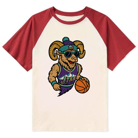 Utah Bighorn wearing Jazz beanie with mountain melody patch and wayfarer - Contrast Raglan T-shirt - Red