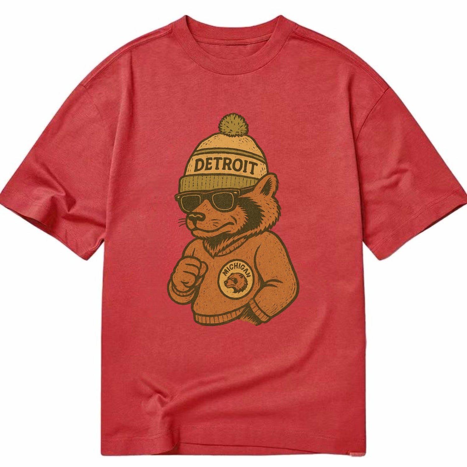 Michigan Wolverine wearing Detroit beanie with pom pom and wayfarer sunglasses - Classic T-shirt - Red