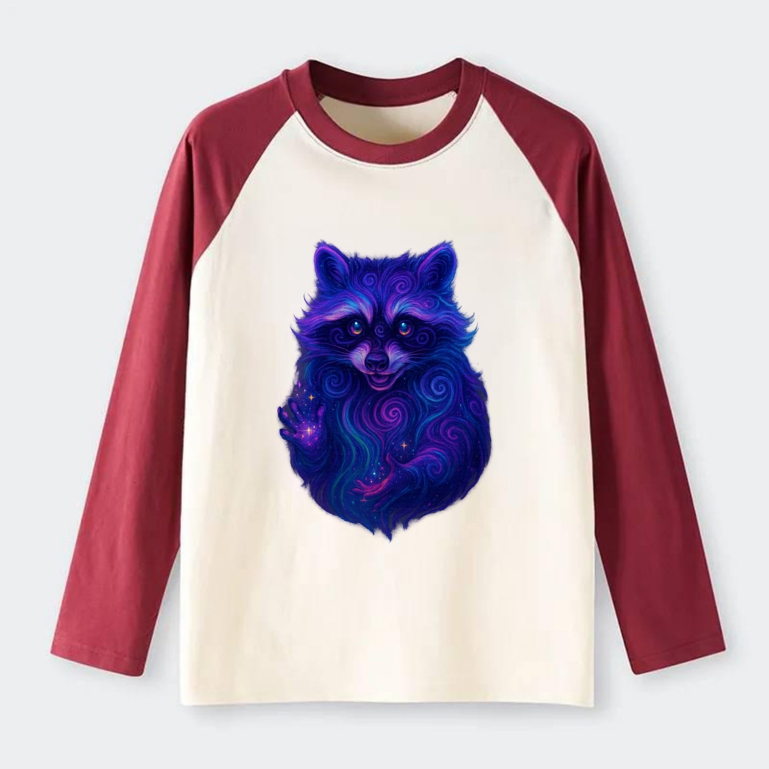 Playful raccoon with mask swirling in hypnotic patterns, neon purple - Raglan Long Sleeve T-Shirt - Red