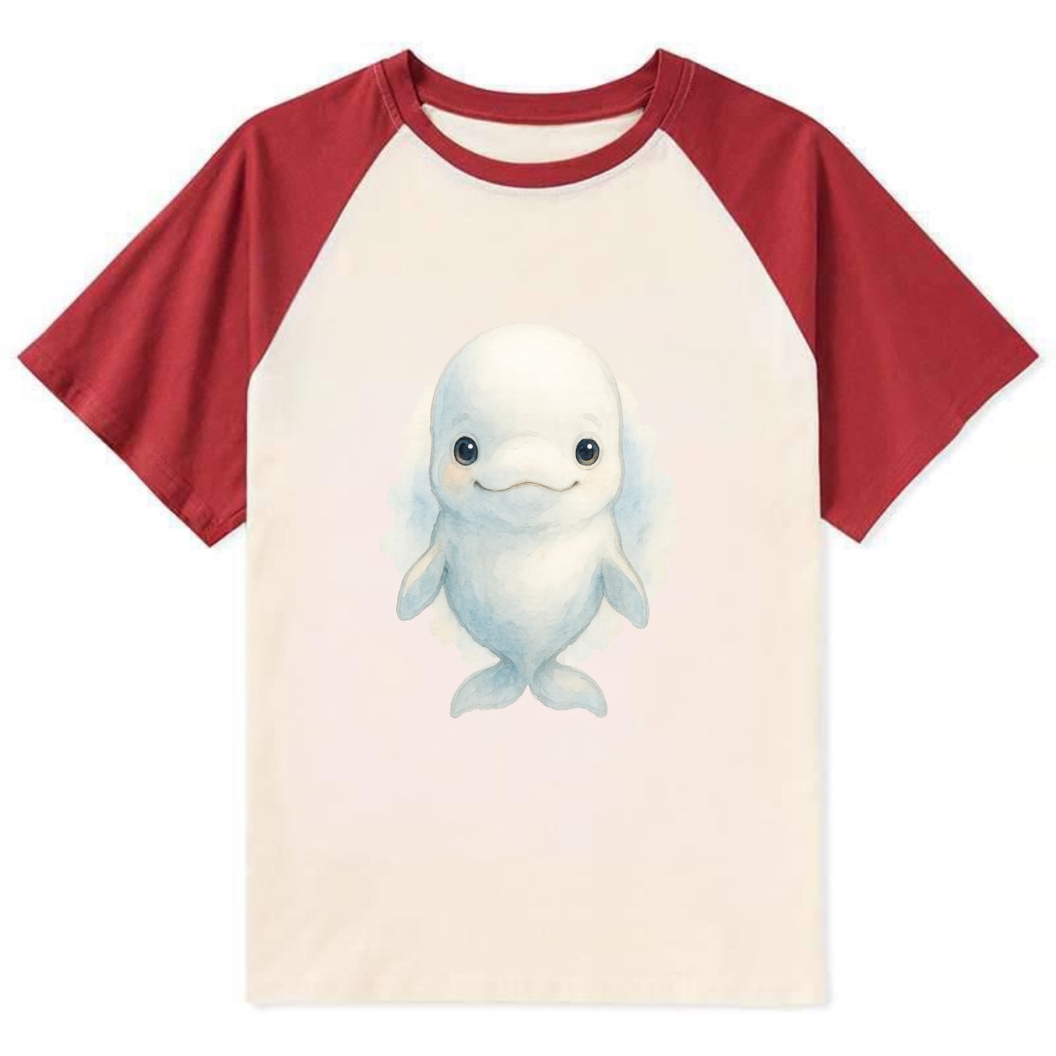 Baby Beluga Whale - pure white, rounded forehead, small eyes with big - Contrast Raglan T-shirt - Red