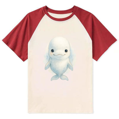 Baby Beluga Whale - pure white, rounded forehead, small eyes with big - Contrast Raglan T-shirt - Red