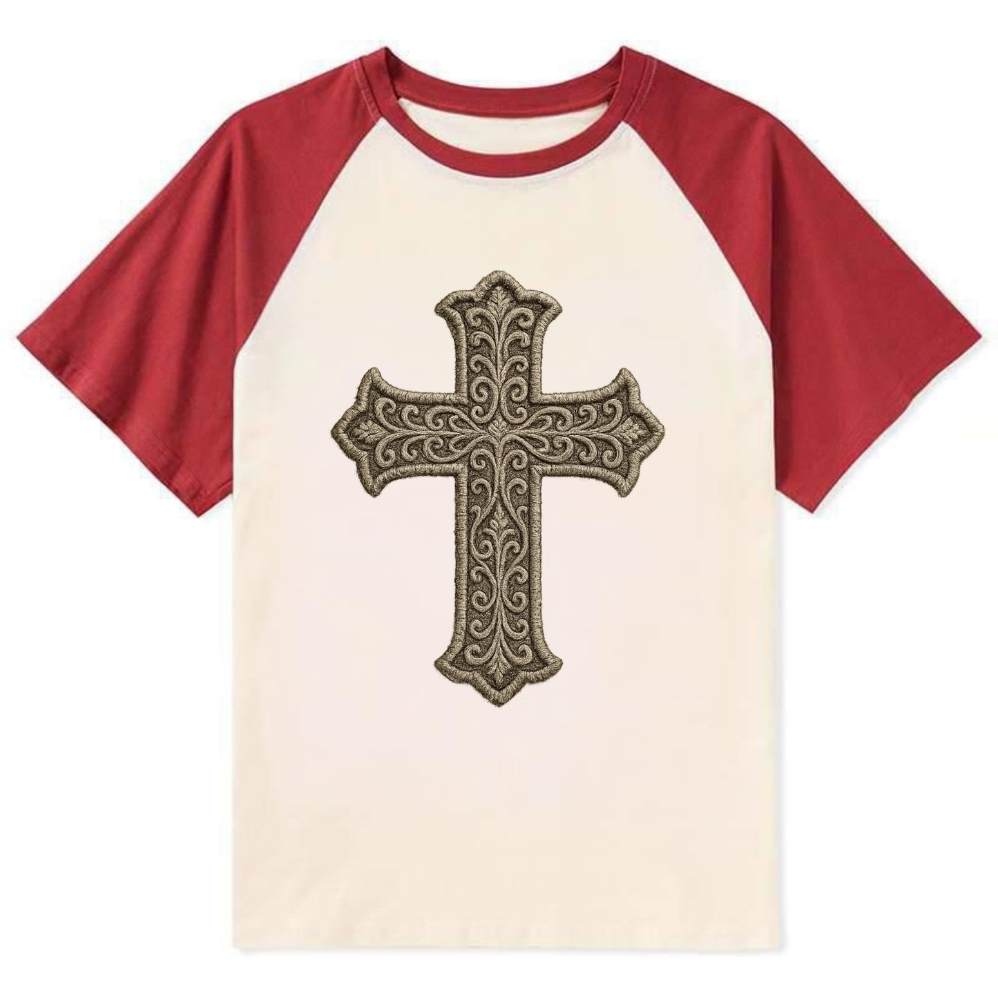 Filigree Cross  - Contrast Raglan T-shirt - Red