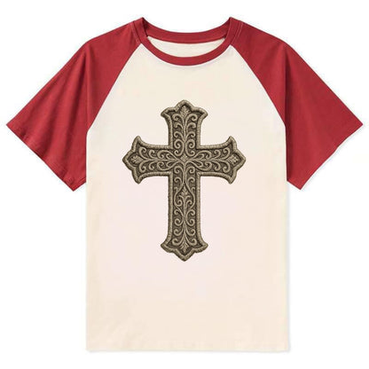 Filigree Cross  - Contrast Raglan T-shirt - Red