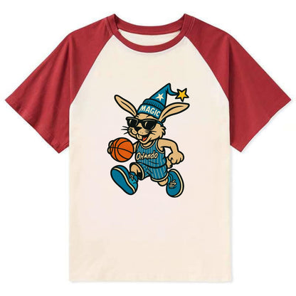 Orlando Rabbit wearing Magic blue and silver beanie with wizard hat and - Contrast Raglan T-shirt - Red