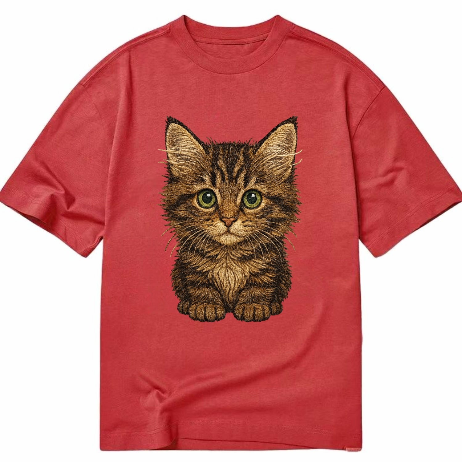 Baby Maine Coon Kitten - large fluffy tabby, tufted ears, big green eyes, - Classic T-shirt - Red