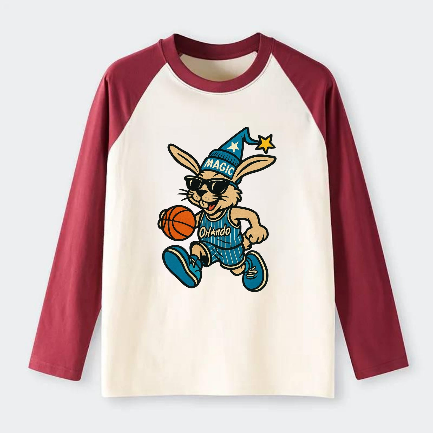 Orlando Rabbit wearing Magic blue and silver beanie with wizard hat - Raglan Long Sleeve T-Shirt - Red