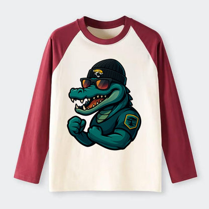 Jacksonville Alligator wearing Jaguars beanie with swamp patch and - Raglan Long Sleeve T-Shirt - Red
