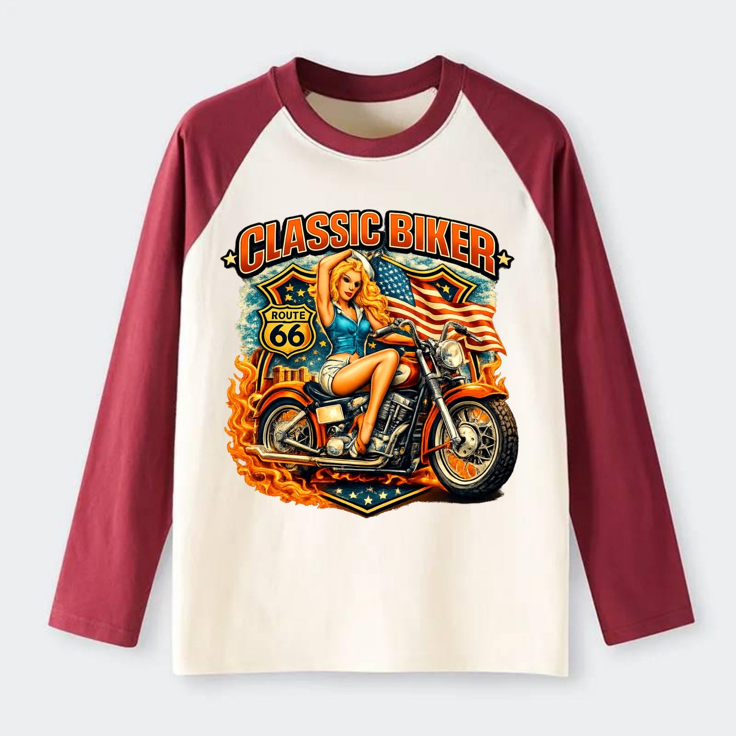 Classic Pinup Biker - Raglan Long Sleeve T-Shirt - Red