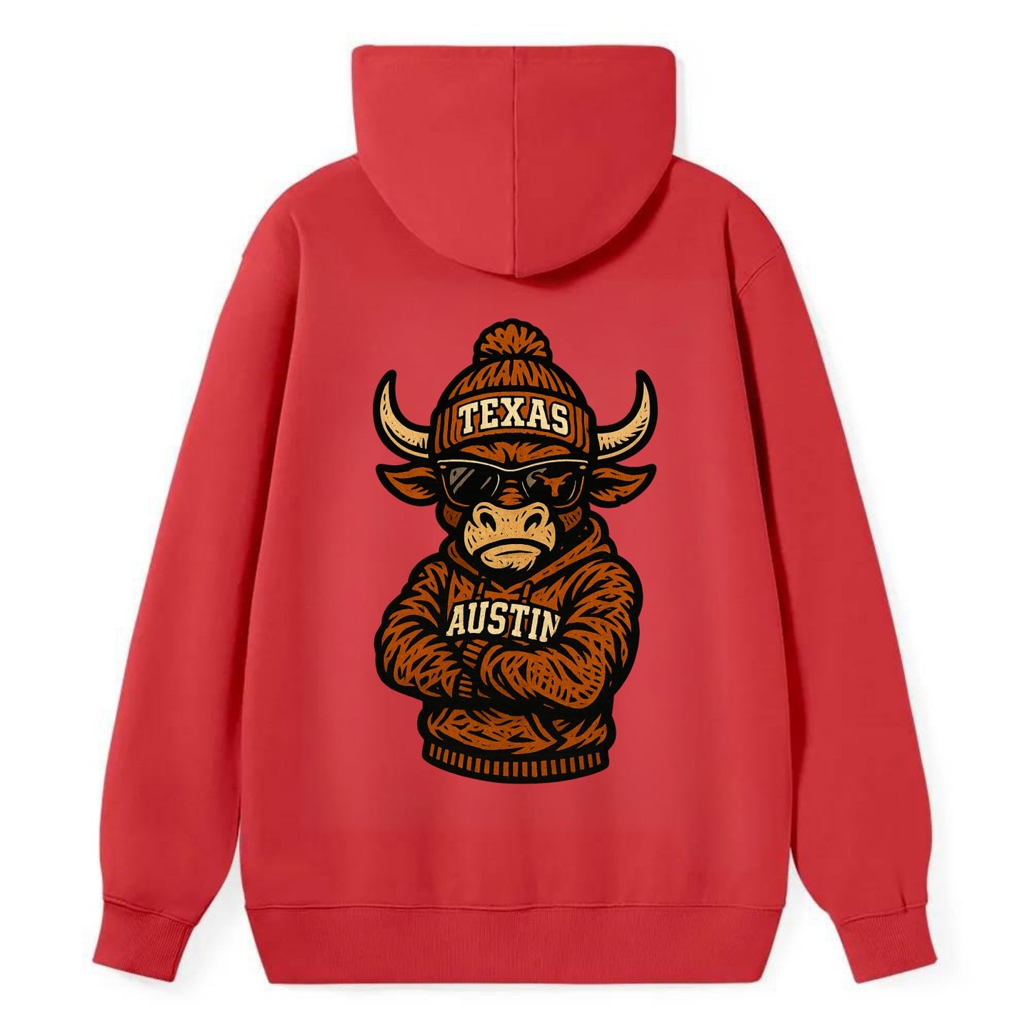 Austin Bevo wearing Texas beanie with longhorn patch - Classic Pullover Hoodie - Red